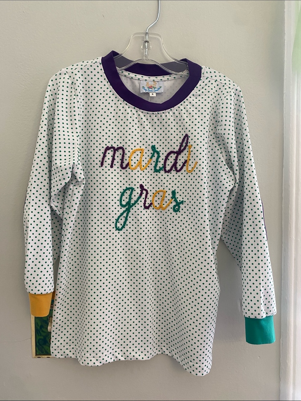 Kids Mardi Gras Polka Dot Long Sleeve Tee - White with Green/Purple/Gold